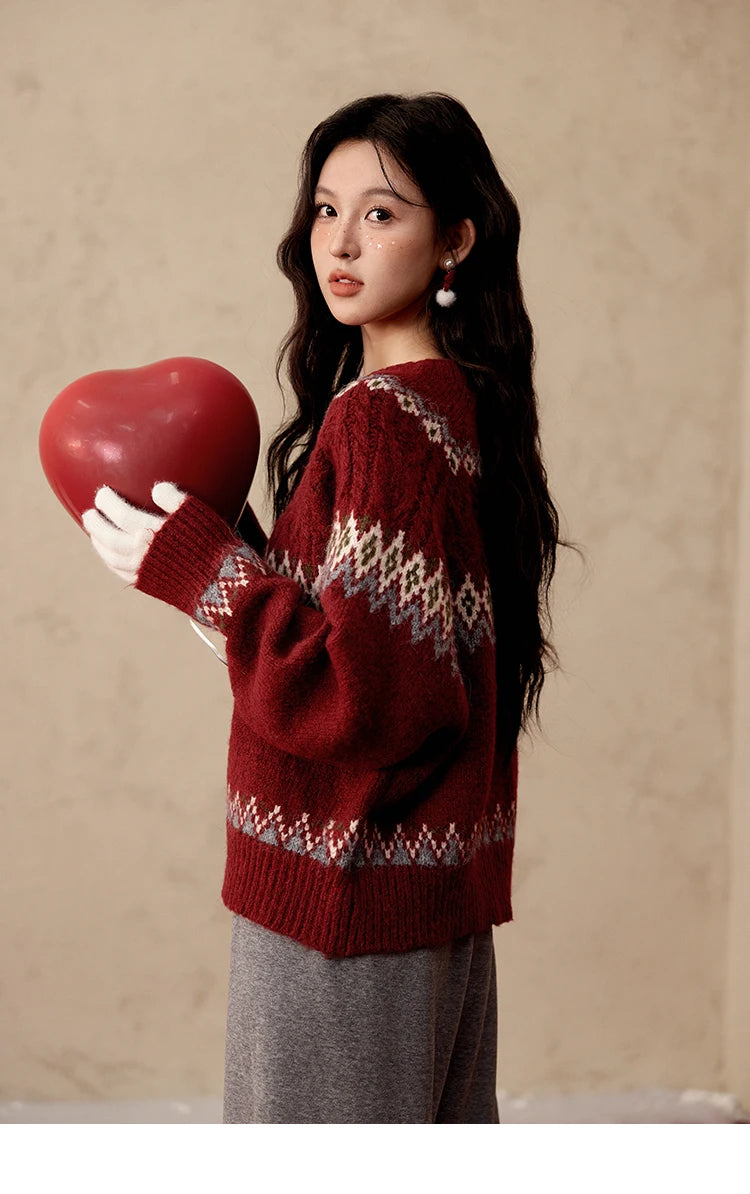 Mishow Red Fair Isle Raglan Sleeve Sweater MXD58Z1035