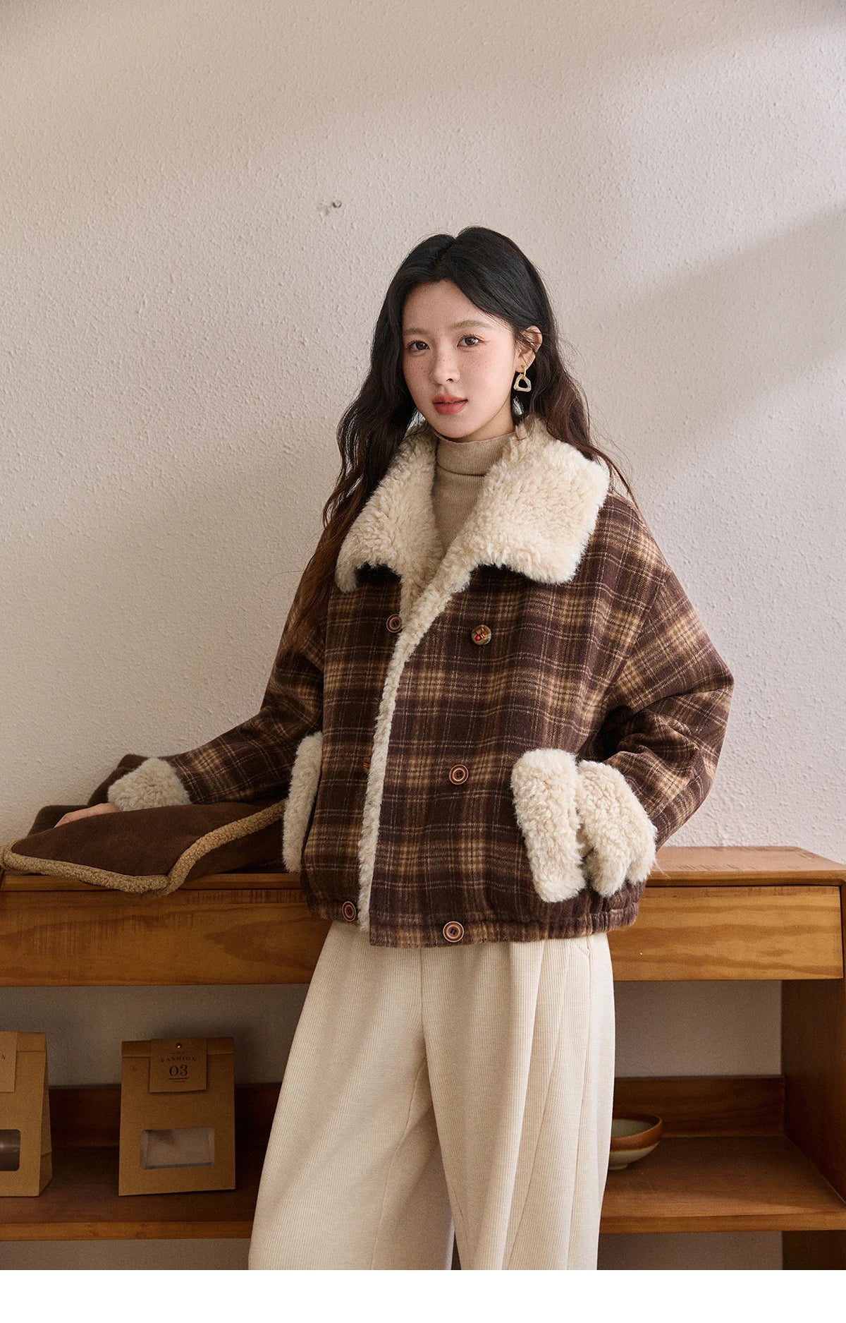 MISHOW Christmas Women's Retro Plaid Jacket 2025 Winter Large Lapel Tops Thickened Cotton-Padded Warm Short Coat MXE87W1004
