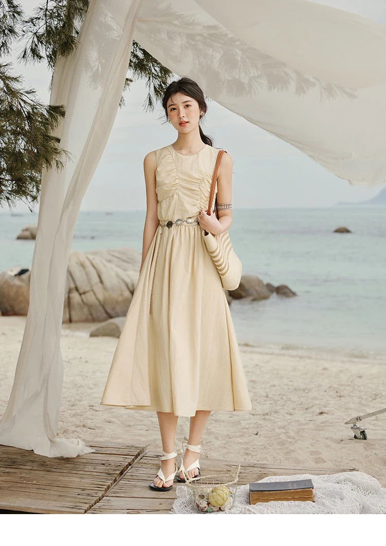 MISHOW Office Lady Summer Dress Women 2025 New Round Neck Sleeveless Solid with Belt Dresses Female Fashion Slimming MXE31L2188