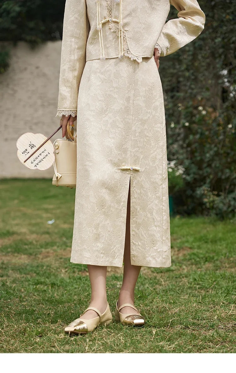 MISHOW Chinese Lace Edge Jacket Midi Skirts Separately Spring 2025 Elegant Top Irregular Jacquard Front Split Skirts MXD15W0370