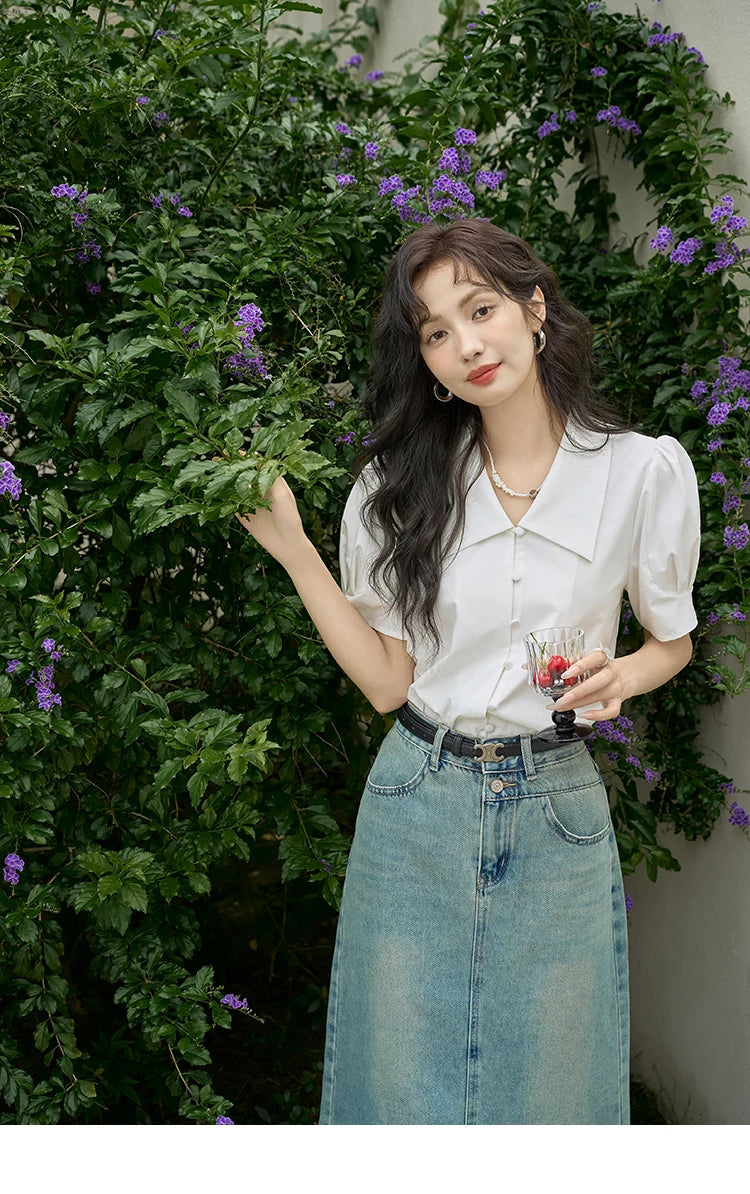 MISHOW Bubble Sleeve V-neck Commuting Shirts for Women 2025 Summer Retro Lapel Neck Short Sleeve Loose Solid Tops MXD28X1471