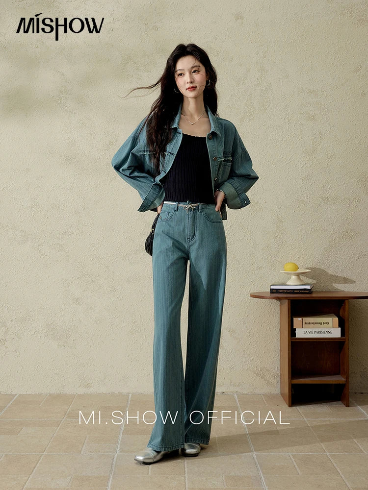 MISHOW Versatile Denim Straight Leg Pants for Women Spring 2025 Embroidery Pockets Commuting Loose Denim Trousers MXE14K0870