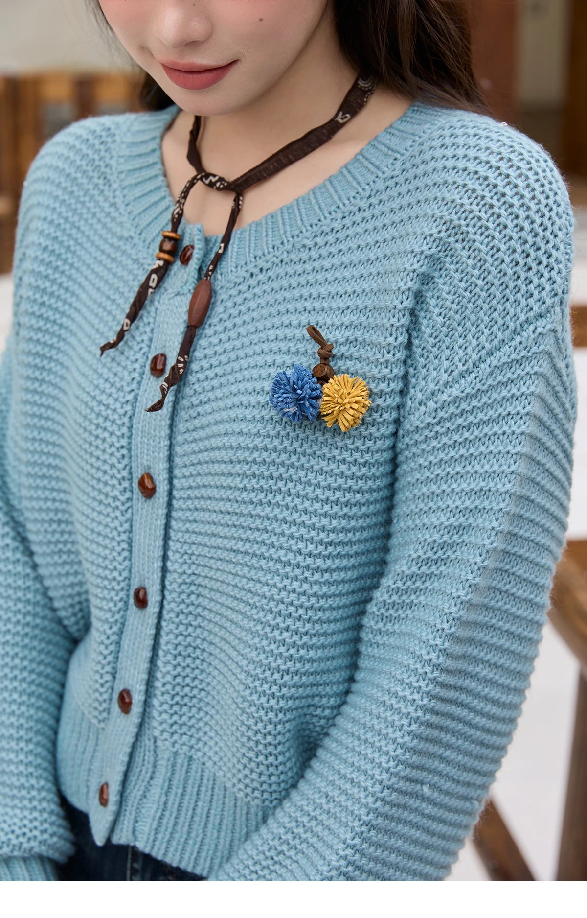 MISHOW Blue Knitted Cardigan 2025 Autumn Winter New Crew Neck Pompom Decorated Sweater Commute Elegant Loose Top MXE51Z2551