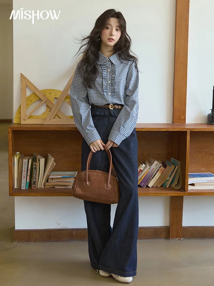 MISHOW Autumn Blue Plaid 100 Cotton Shirts 2025 Doll Collar Dropped Shoulder Sleeves Casual Top Retro Commuter Shirt MXE44C2391