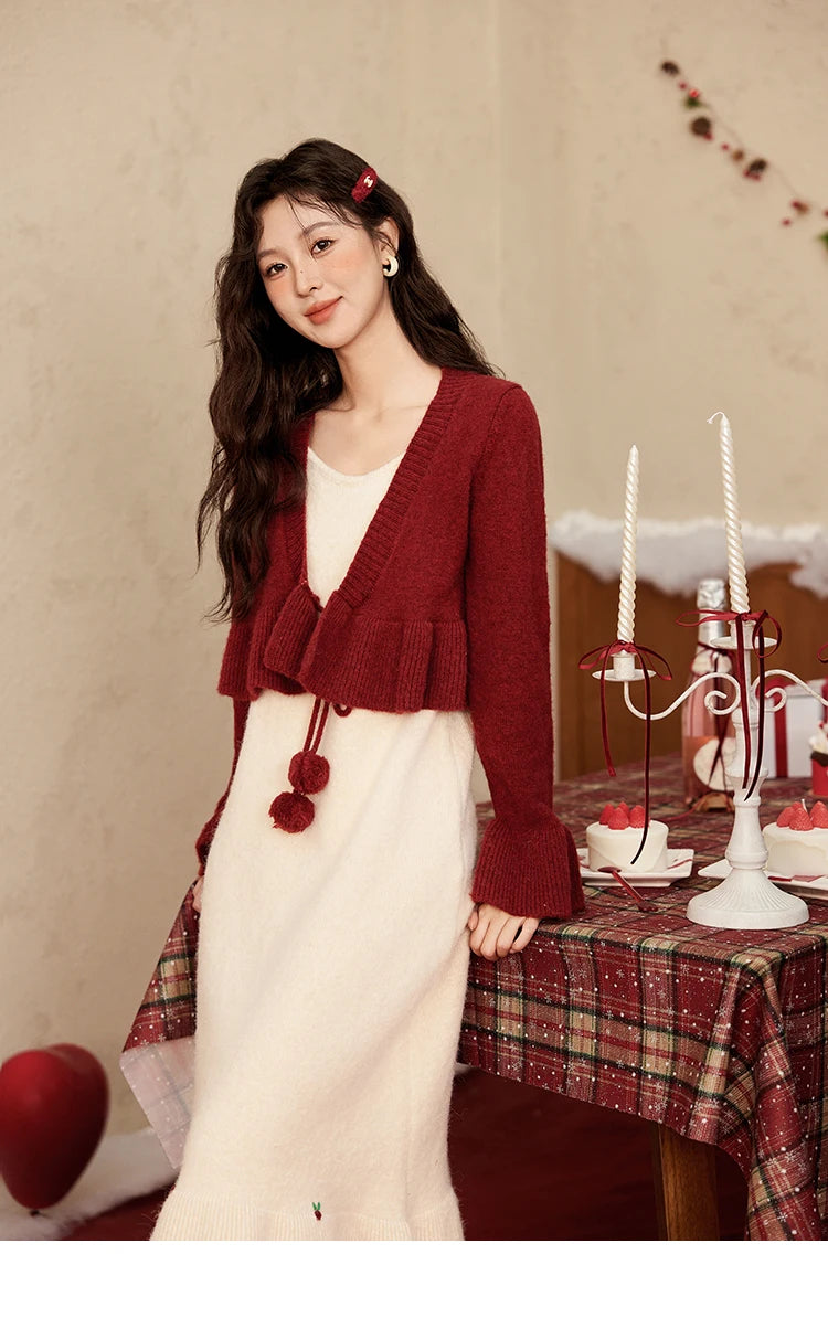 MISHOW Christmas New Year Ruffle Strap Dress Pom-Pom Lace-up Knitted Cardigan Sepertely 2024 Hem Fish Tail Dresses MXD59L2133