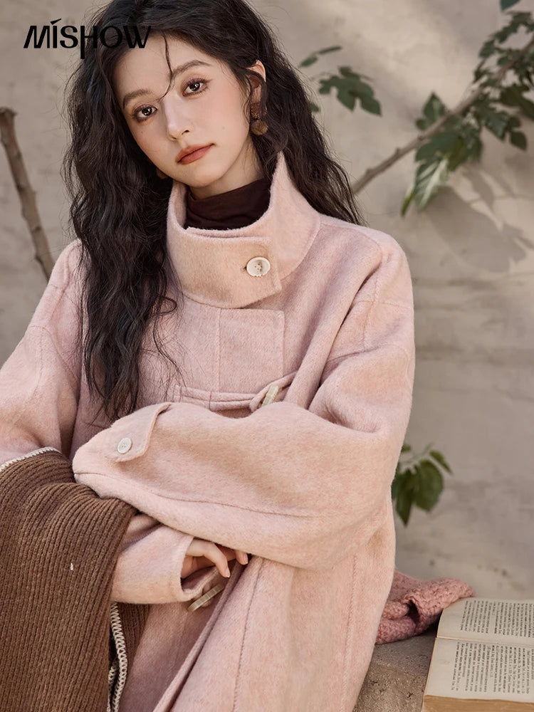 MISHOW Reversible Wool Velvet Coat Cow Horn Button Lapel Coat 2024 Winter Fashion Luxury Senior Korean Tweed Jacket MXD44W0446