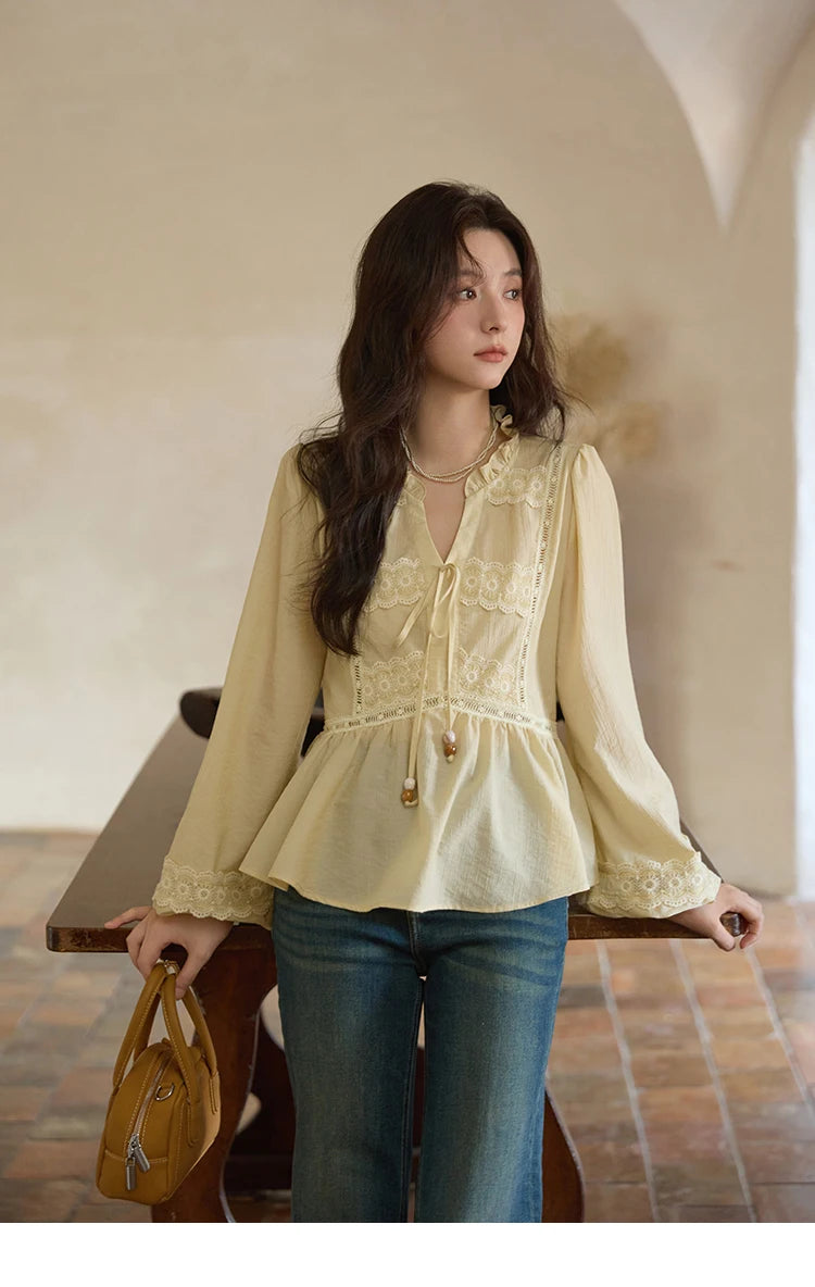 MISHOW French Thin V-neck Blouse 2025 Autumn Lace Patchwork Elastic Cuffs Top Bead Drawstring Lantern Sleeves Blouses MXE41X1925