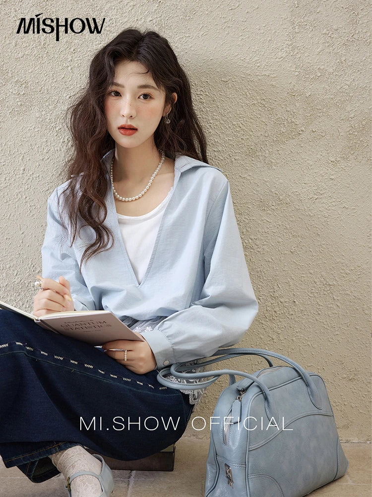 MISHOW French Spring Shirts Women 2025 Long Sleeve Turn-down Collar Fake Two-piece Blouses Female Splicing Lace Tops MXE16C0783