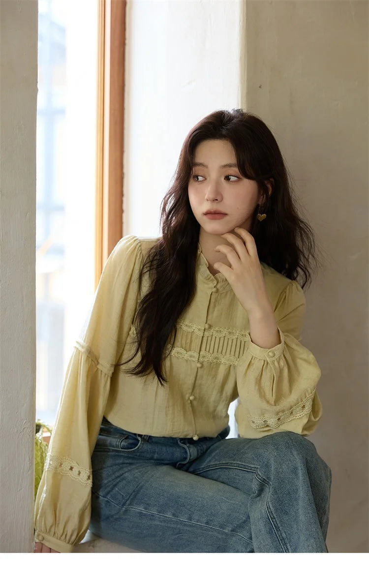 MISHOW Light Yellow Linen Solid Shirt 2025 Autumn Splicing Lace Hollow Sleeves Shirts Stand Collar Top Office Lady MXE42X1976