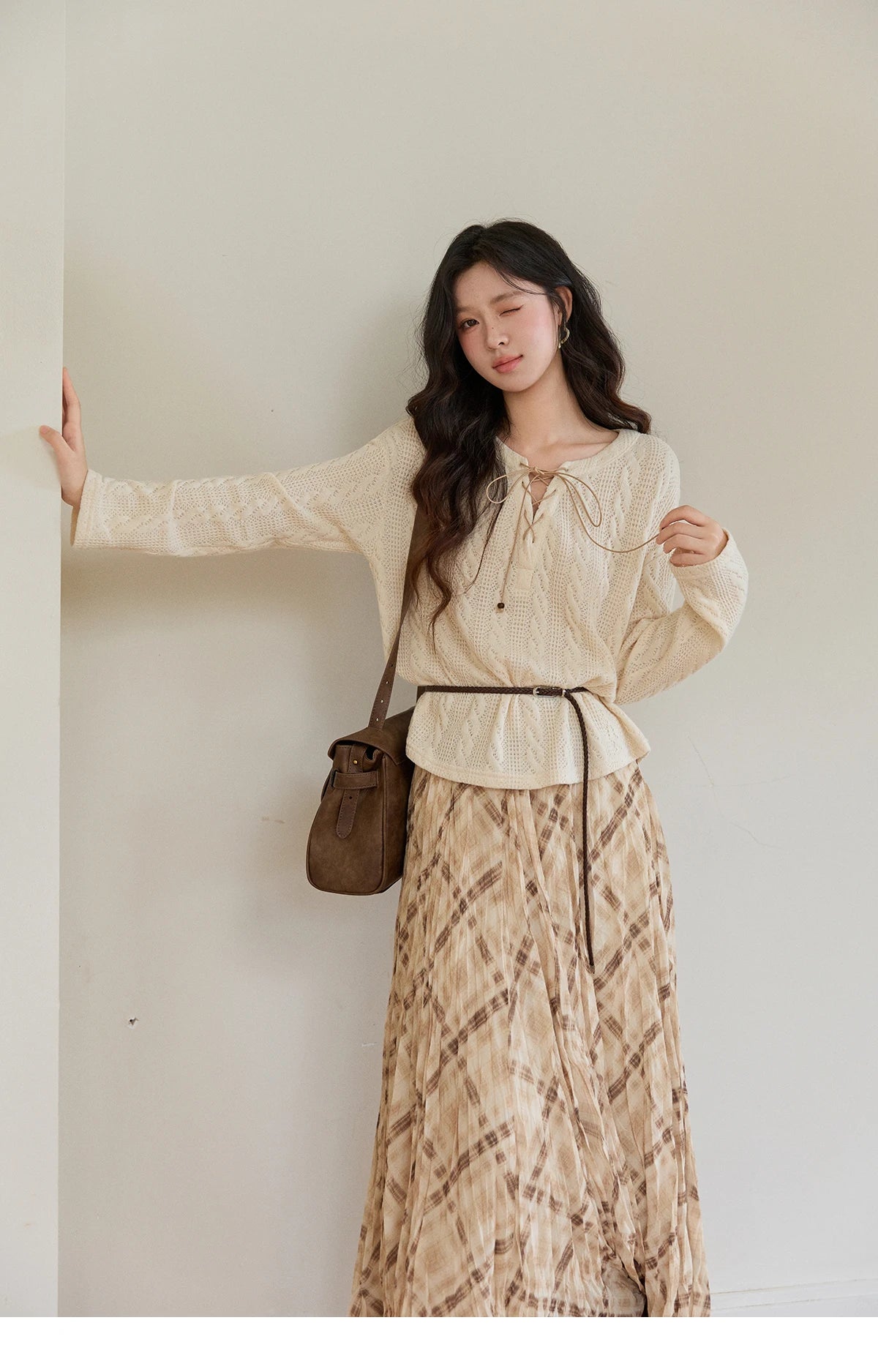 MISHOW Women's Beige Apricot Knitted Sweater 2026 Spring V-Neck Lace-Up Cable Knit Casual Loose Top Excluding Belt MXF108Z1029