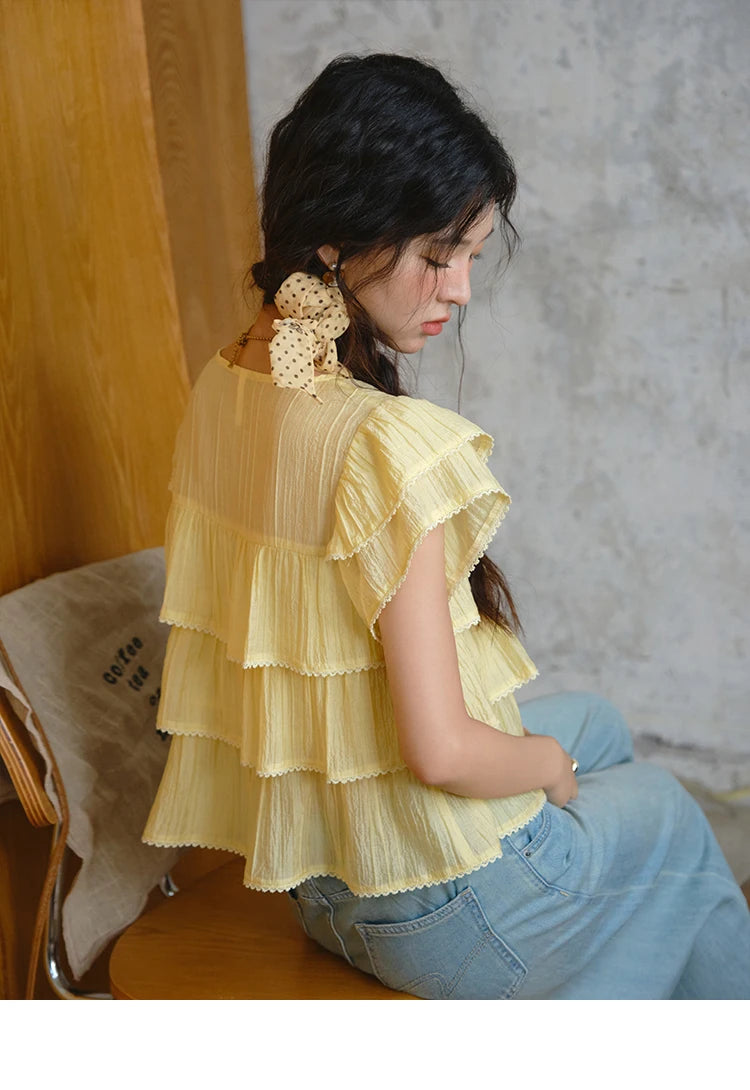 MISHOW Butterfly Sleeve Chiffon Shirt Women's 2025 Summer New Women's Clothing Retro Square Neck Button Casual Shirt MXD30X1488