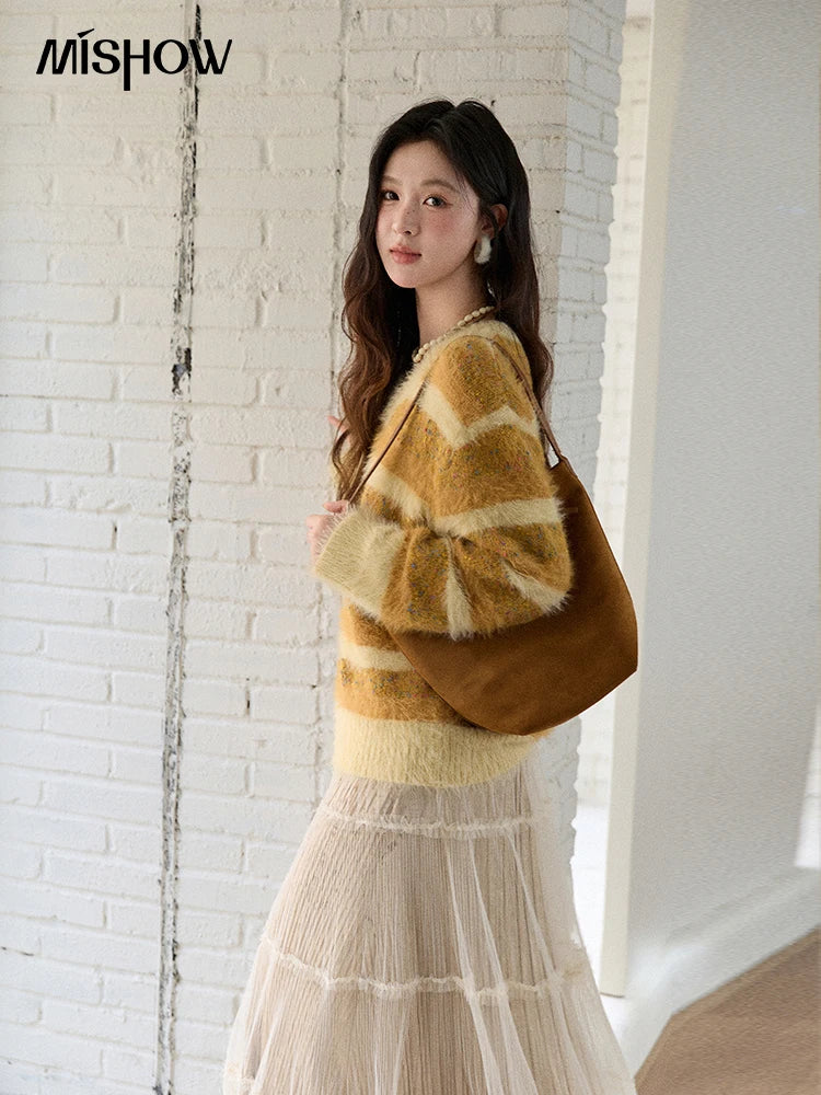 MISHOW Women's V-neck Knit Pullover Retro Yellow Striped Sweater 2025 Casual Faux Mink Jacquard Loose Knit Sweater MXE87Z2766