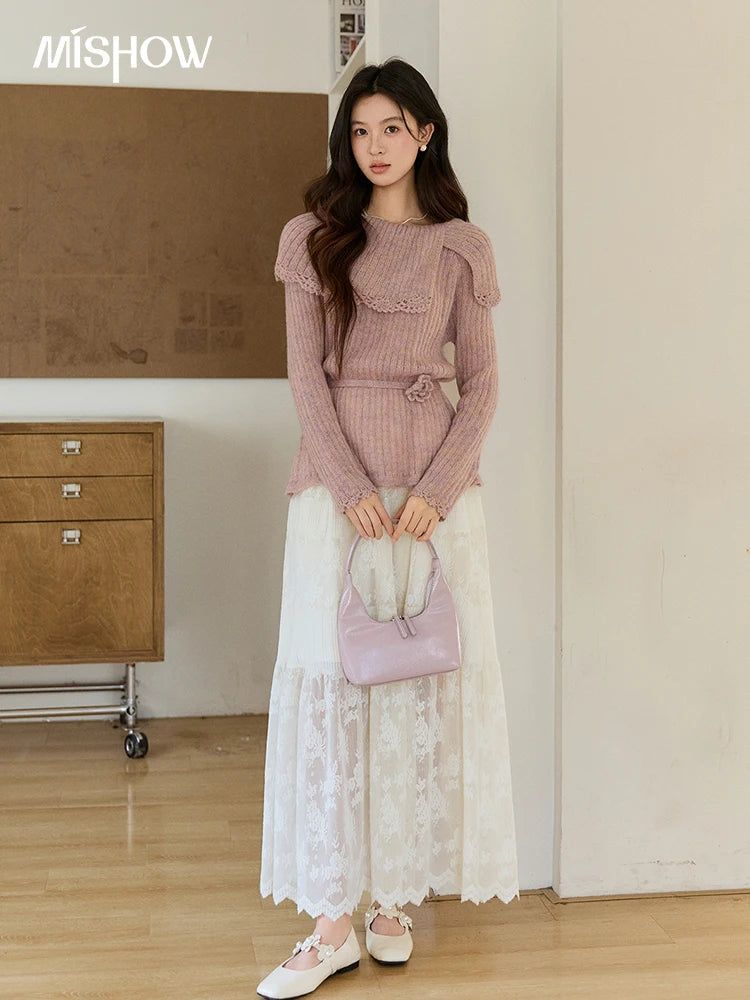 MISHOW Women's Pink Ribbed Knitted Sweater 2026 Spring Large Collar Lace Trim Belted Waist Long Sleeve Pullover Tops MXF11Z2901