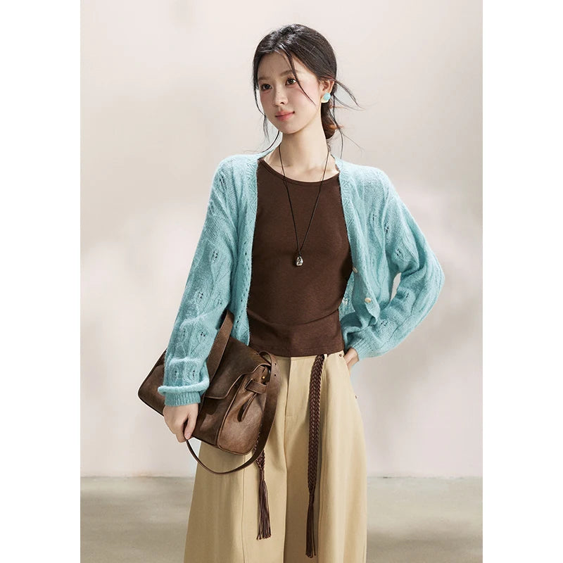 MISHOW Women's Blue Hollow Out Knit Cardigan 2026 Spring V Neck Wool Blend Tops Single Breasted Casual Thin Sweater MXF13Z2975