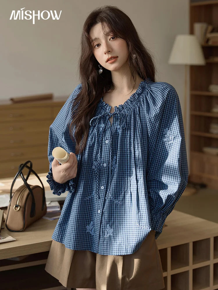 MISHOW Blue Plaid Embroidered Shirt Autumn 2025 Black Fungus Edge Collar Lace-up Doll Shirt 100cotton Loose Retro Top MXE44X2467