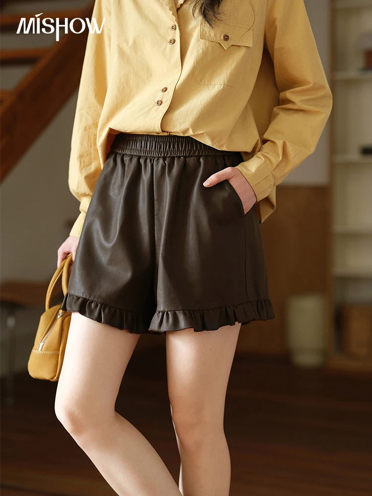 MISHOW Autumn Women's Solid Color PU Leather Shorts High Waist Stretchy Elastic A-Line Slim Ruffle Hem Casual Shorts MXE42K1068
