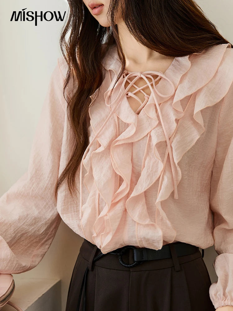 MISHOW Pink Ruffled Blouse for Woman 2025 Autumn New Elegant Sweet V-neck Lace-up Design Shirt Lantern Sleeves Top MXE49X2504