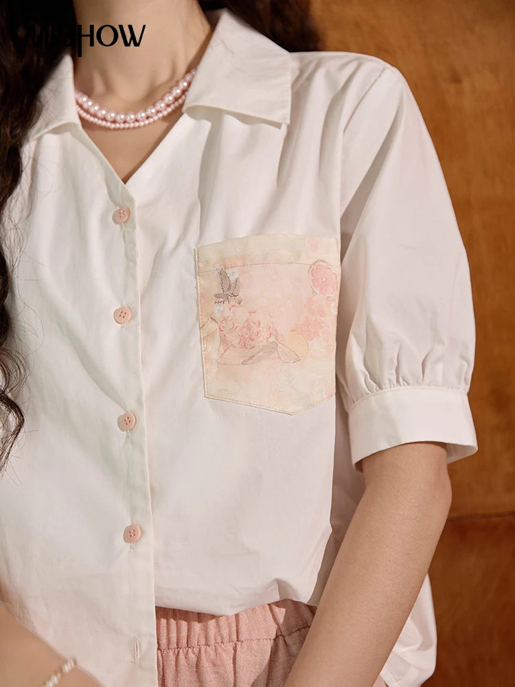 MISHOW Women's 100 Cotton Short Sleeved Shirt Loose 2025 Summer Embroidered Pocket Top Polo Neck Puff Sleeve Shirts MXD26C0243