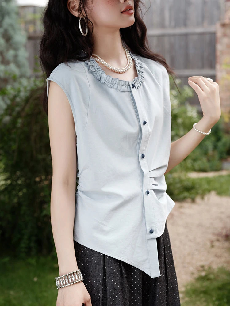 MISHOW Women's Casual Round Neck Shirt 2025 Summer New Office Lady Slim Shirt Sleeveless Button Top Female Clothing MXE38X1864