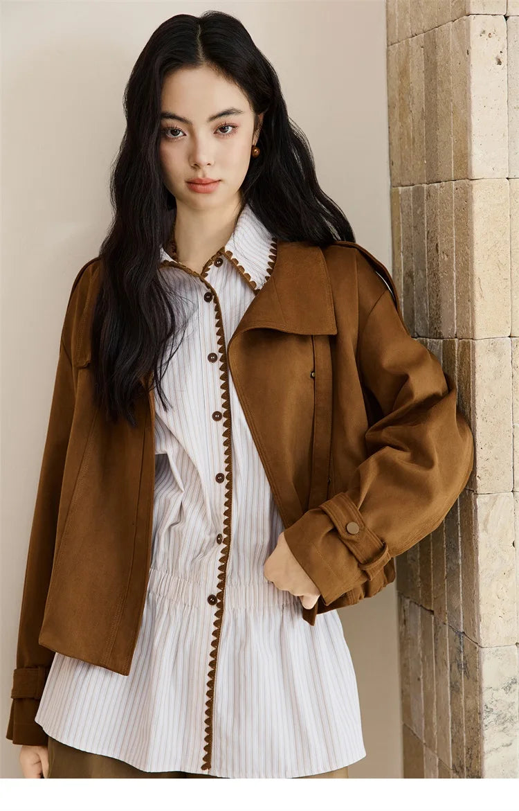 MISHOW Vintage Suede Short Jacket Brown Lapel Zipper MXE45W0869
