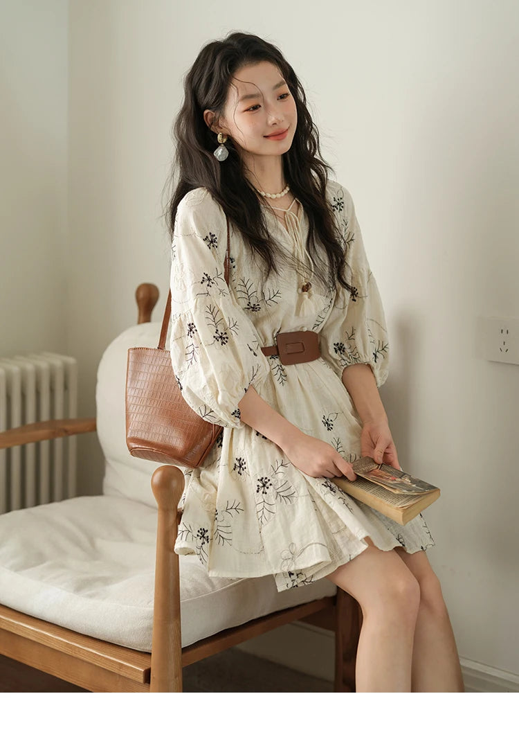 MISHOW Embroidered Doll Dress 2025 Seven Cent Lantern Sleeve Dress O-neck Tassel Lace-up Cotton Dress with Waist Belt MXE41L2480