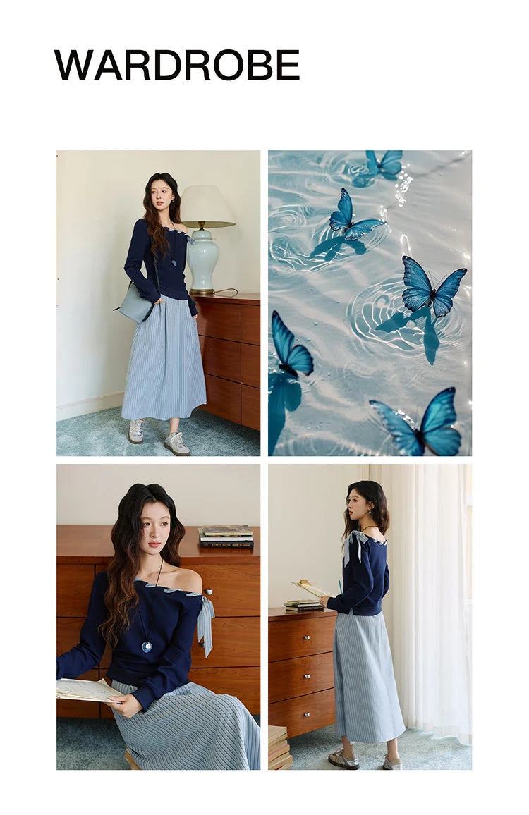 MISHOW Woman Striped Dress 2025 Autumn Blue Navy Slash Neck Contrast Lace Long-sleeved Dress Sexy Clothes for Women MXE45L2516