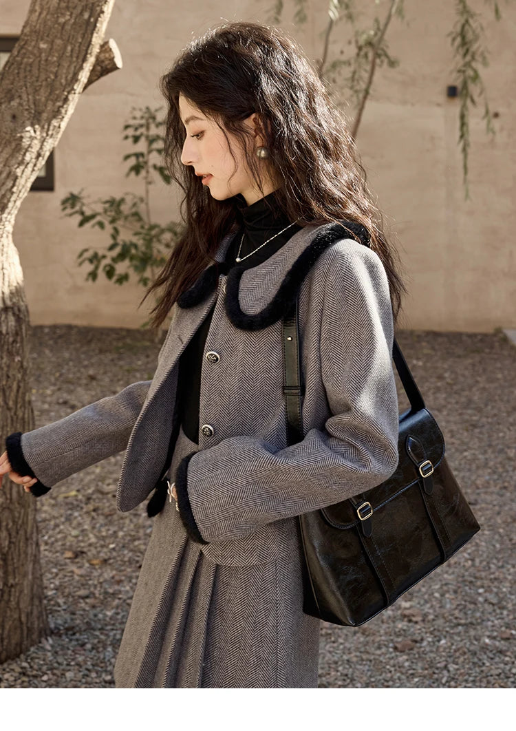 MISHOW Plaid Tweed Jacket Short Skirt Separately Women 2024 Winter Fashion Korean Collar Jacket Half Pleated Skirt MXD43W0442