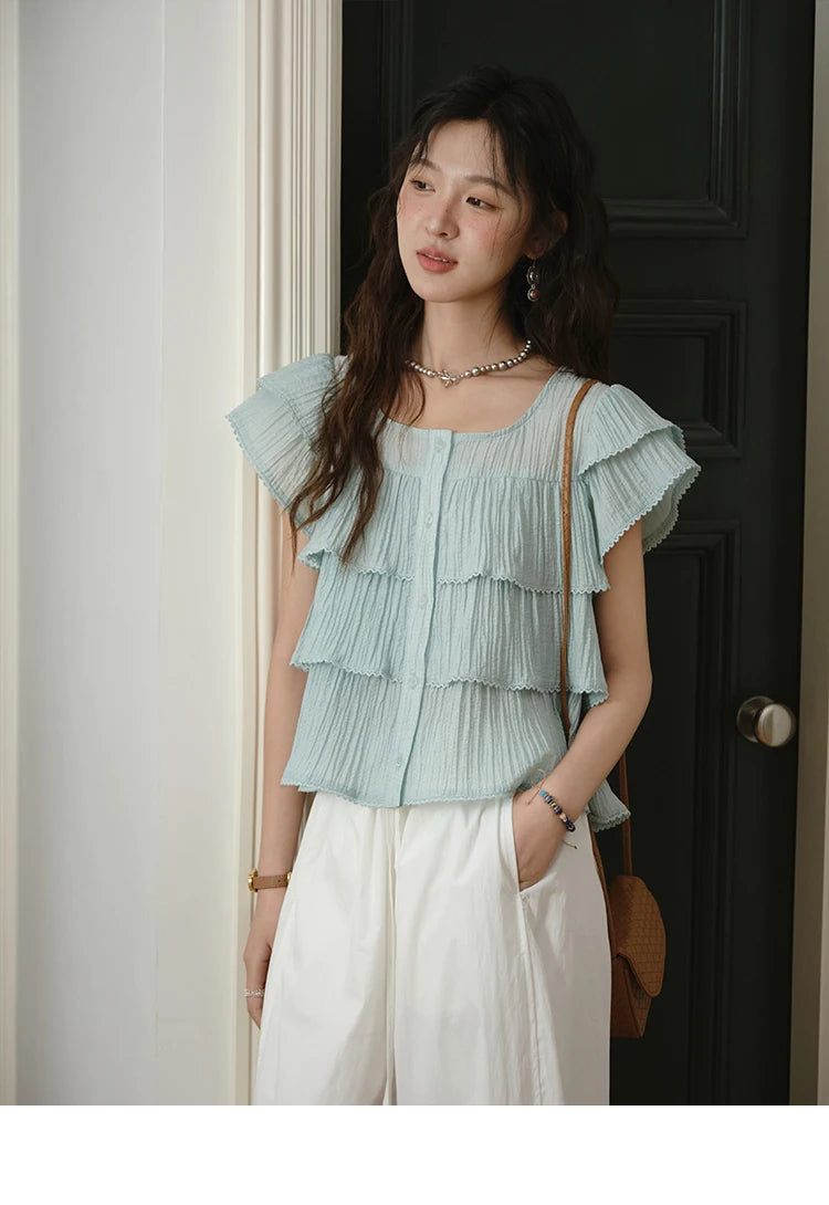 MISHOW Butterfly Sleeve Chiffon Shirt Women's 2025 Summer New Women's Clothing Retro Square Neck Button Casual Shirt MXD30X1488