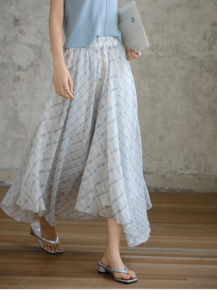 MISHOW Patchwork Plaid Chiffon Half Skirt for Women 2025 Summer Fashion Irregular Wave Edge High Waist A-line Skirt MXE34B0739