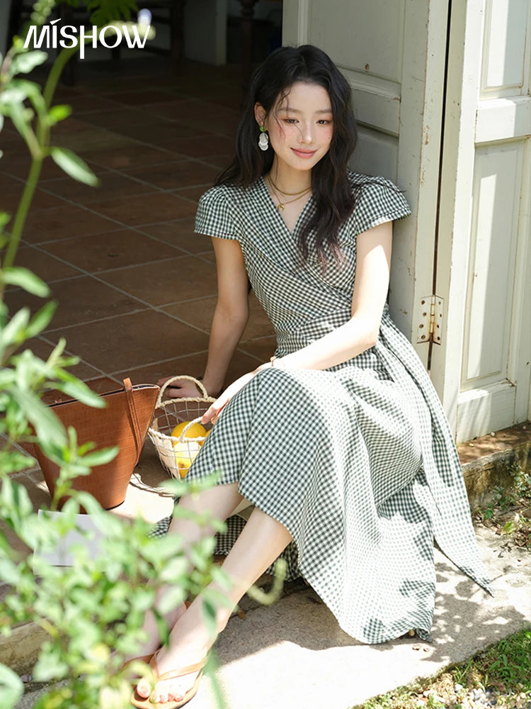 MISHOW Women's Fashion V-neck Dress 2025 Summer Office Lady Plaid Waist Cinched Sashes Short Sleeve Female Dresses MXE39L2410
