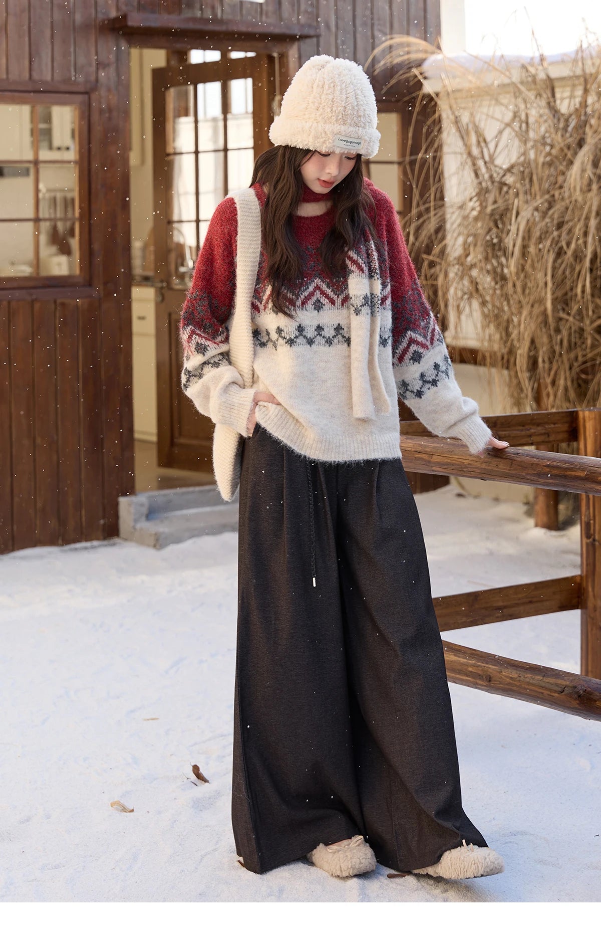 MISHOW Christmas Jacquard Retro Sweater Winter Geometric Red Scarf Fair Isle Sweater Wool Blend Thickened Knitted Top MXE51Z2628