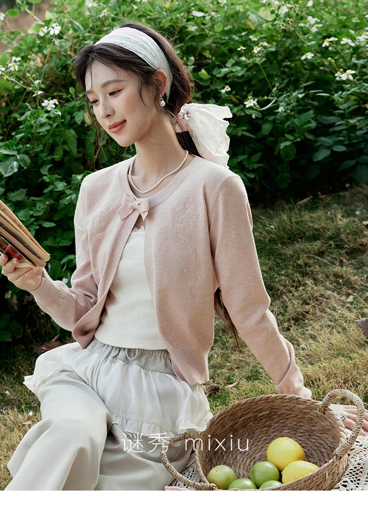 MISHOW Women's Iris Embroidery Round Neck Cardigan 2025 Spring Loose Knitted Thin Bow Design（Not Include Lace Vest）MXE13Z1142