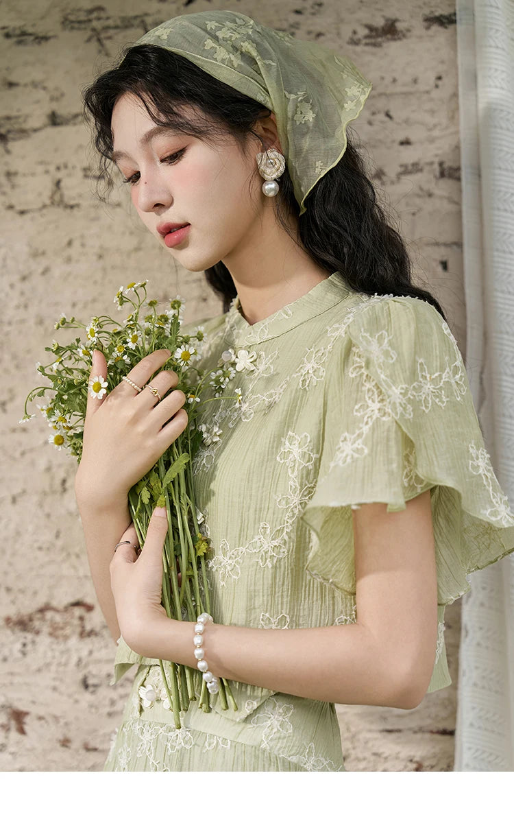 MISHOW Chinese Green Stand Collar Lotus Leaf Overlapping Sleeve Top Hem Stringy Selvedge Skirt Separately 2024 Summer MXD22X1388