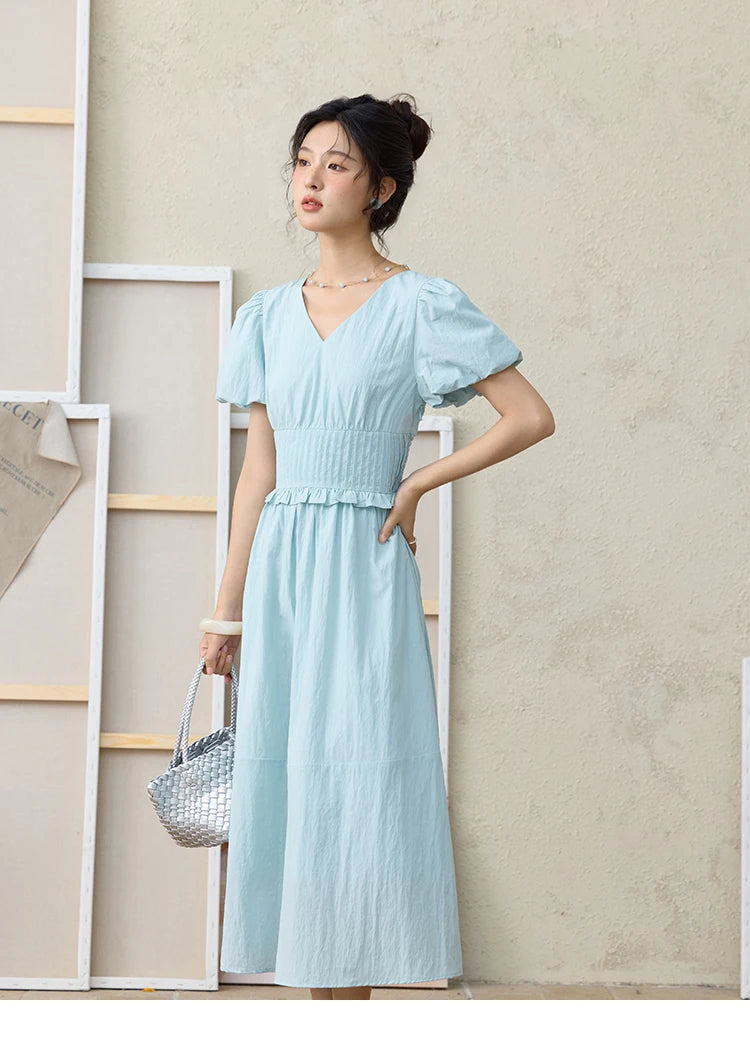 MISHOW French Summer Dresses Women 2025 New Short Puff Sleeve V-neck Solid Cotton Blended Dress Female Slimming MXE34L2288