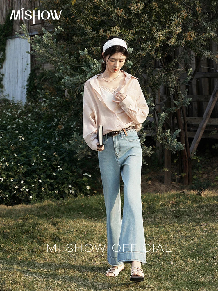 MISHOW Casual Spring Shirt Women New 2025 Long Sleeve Turn-down Collar Fake Two-piece Blouses Lady Fashion Loose Tops MXE16C0777