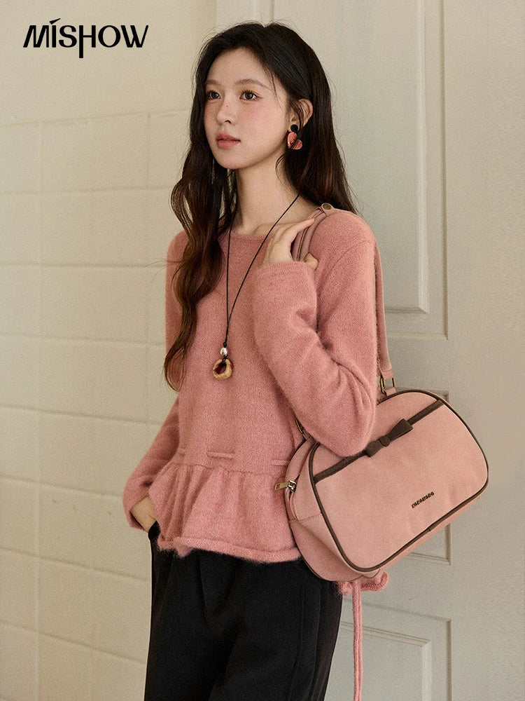 MISHOW Women's Pink Sweater 2025 Winter French Style Round Neck Knit Top Ruffled Hem with Drawstring Belt Pullover MXE90Z2824