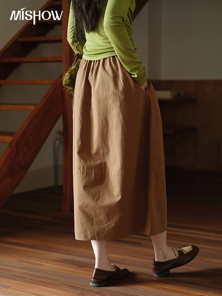 MISHOW Autumn Brown Cotton Bud Skirt 2025 Autumn Elastic Drawstring High Waist Slim A-line Casual Skirt with Pocket MXE41B2367