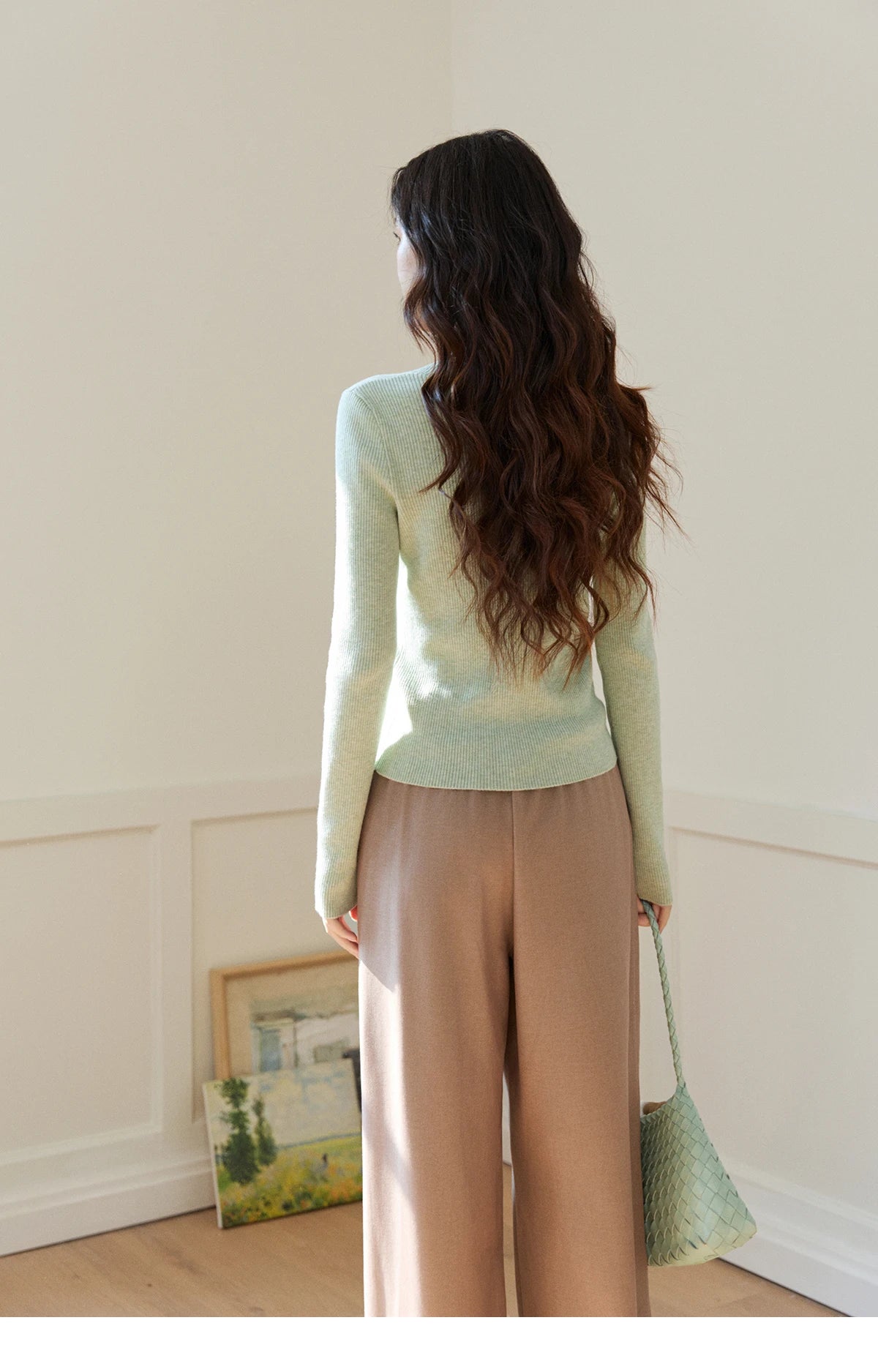 MISHOW Women's V Neck Tie Neck Floral Ribbed Knit Tops 2026 Spring Long Sleeve Slim Casual Soft Green Thin Sweater MXF108Z1024