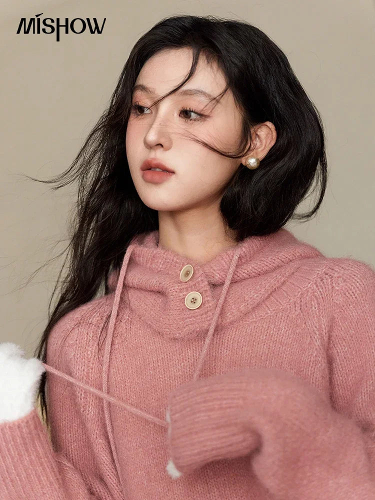 MISHOW Knitted Sweater Hooded Neck Warm Wool for Women 2025 Autumn Winter Cozy Loose-Fit Casual Solid Pullover Top MXD59Z1123