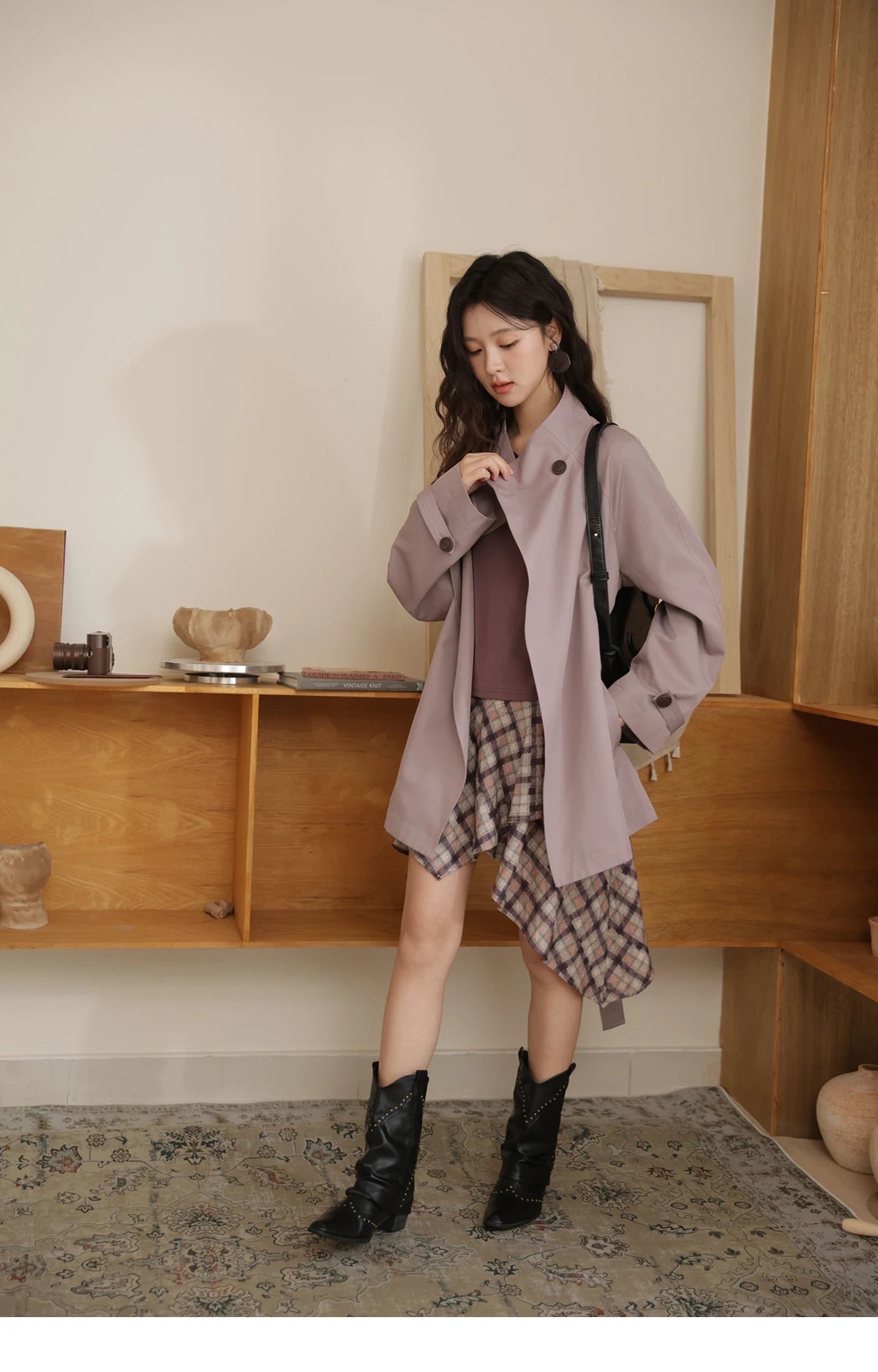 MISHOW Purple Plaid Irregular Skirt for Women Autumn 2025 Linen Blend Invisible Zipper Short Skirt Ruffle Hem Skirts MXE42B2395