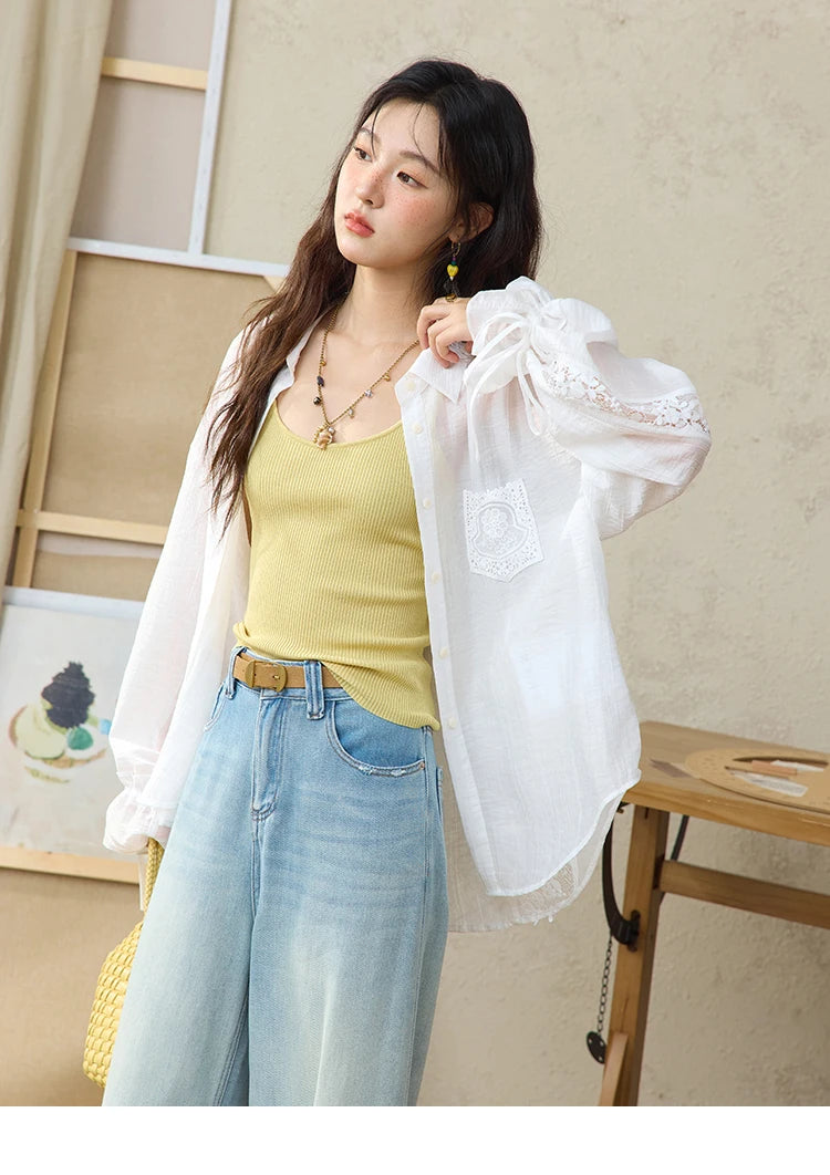 MISHOW Blend Patchwork Lace Cool Shirt Female Autumn 2025 Korean Loose Lapel Drop Sleeve Shirts Drawstring Cuffs Top MXE31C0789