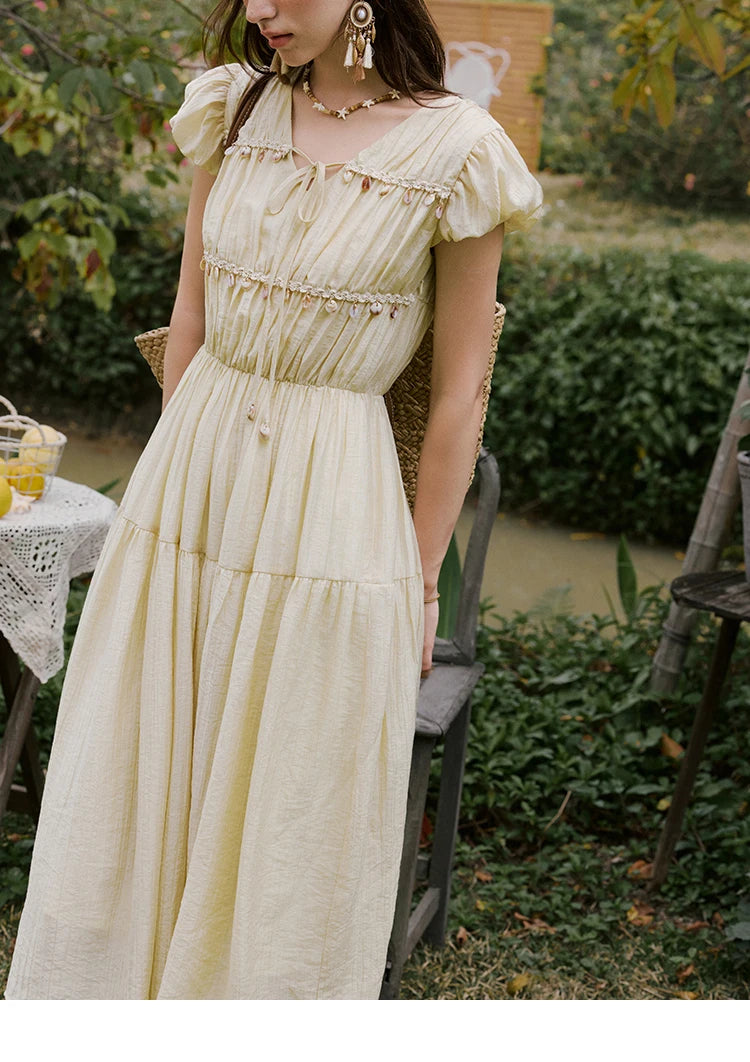 MISHOW Holiday Summer Dresses Women 2025 Solid V-neck Short Puff Sleeve Shell Ribbon High Waist Dress Woman Fashion MXE33L2193