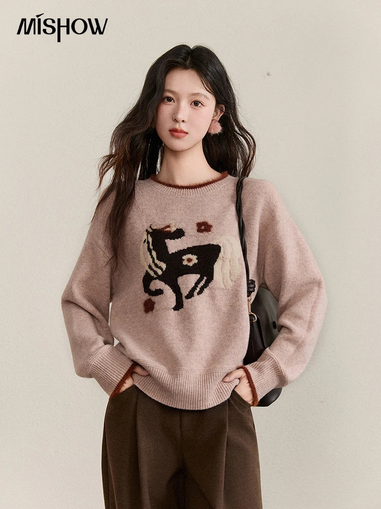 MISHOW Women's Horse Pattern Knit Sweater Winter Crew Neck Sweaters Collar Cuffs Splice Contrasting Faux Mink Fur Top MXE94Z2863