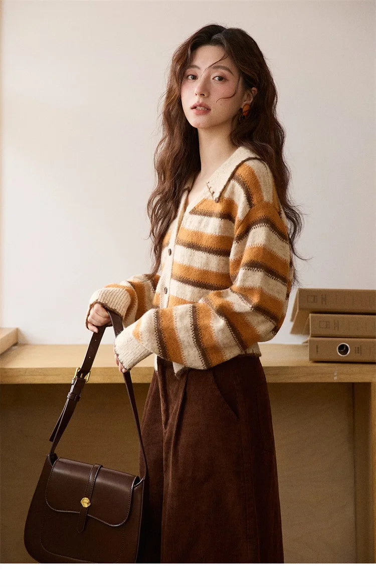 MISHOW Striped Cardigan for Women 2025 Winter Retro Unique Design V-neck Single-breasted Sweater Wool Long Sleeve Top MXE87Z2681