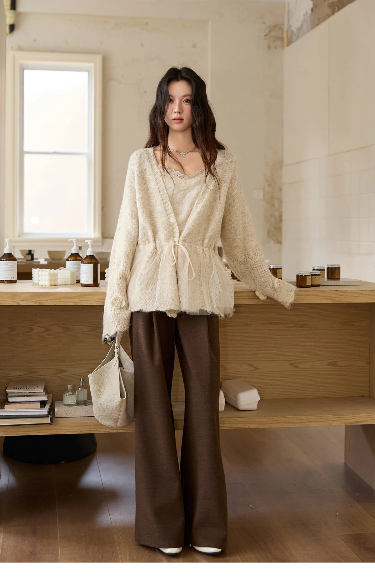 MISHOW Apricot Mesh Stitching Knit Cardigan for Woman Fashion Drawstring Waist Three-dimensional Flower Loose Sweater MXE88Z2707