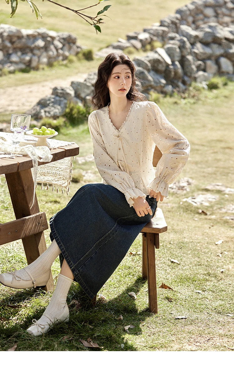 MISHOW Hollow Lace Shirt for Women Spring 2025 French Retro Lace100 Cotton Shirt V Neck Waist Elastic Cuffs Blouses MXE12X1710