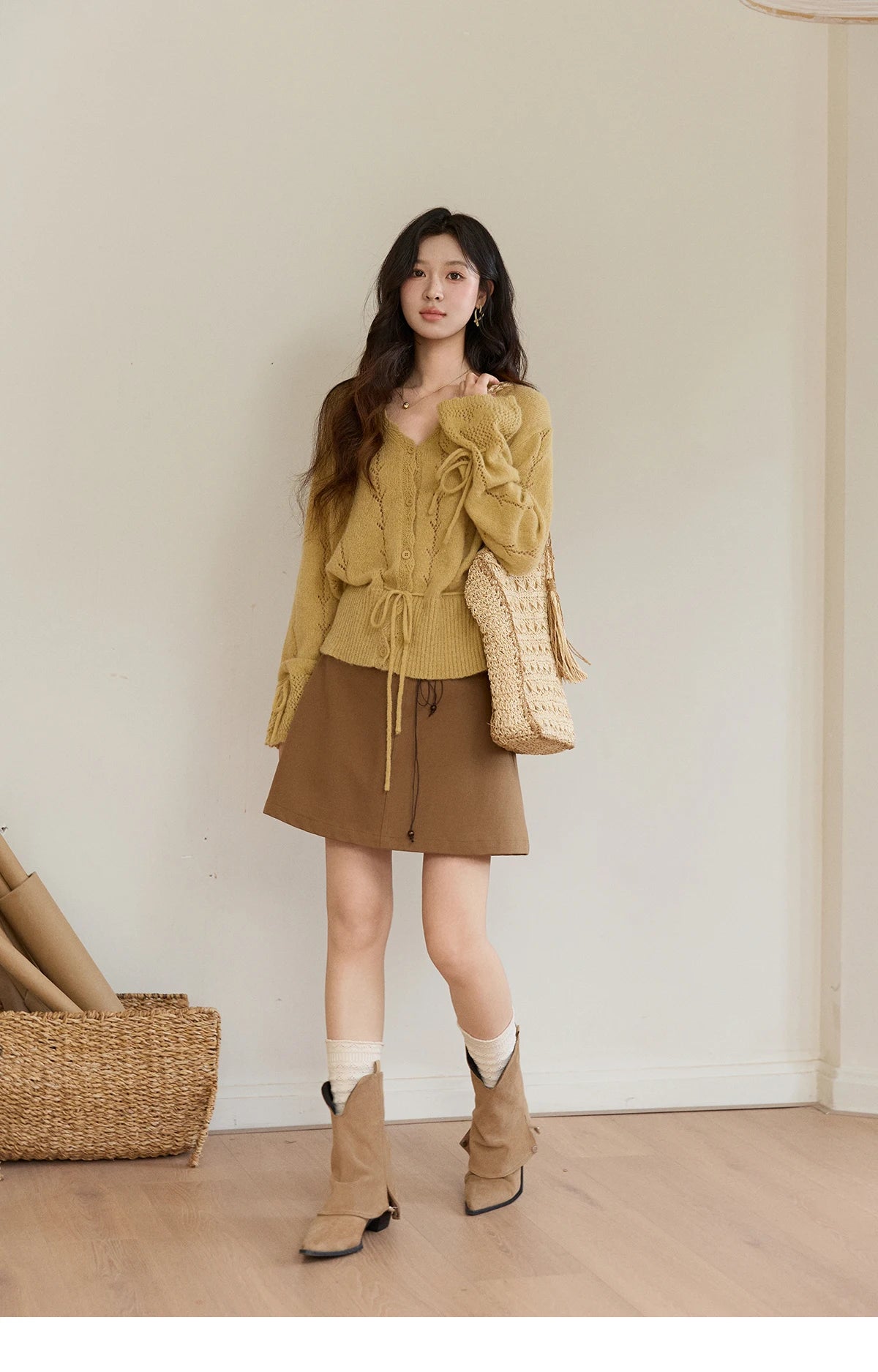 MISHOW Women's Yellow Knitted Cardigan 2026 Spring Hollow Out V-Neck Drawstring Waist Long Sleeve Casual Loose Tops MXF108Z1022