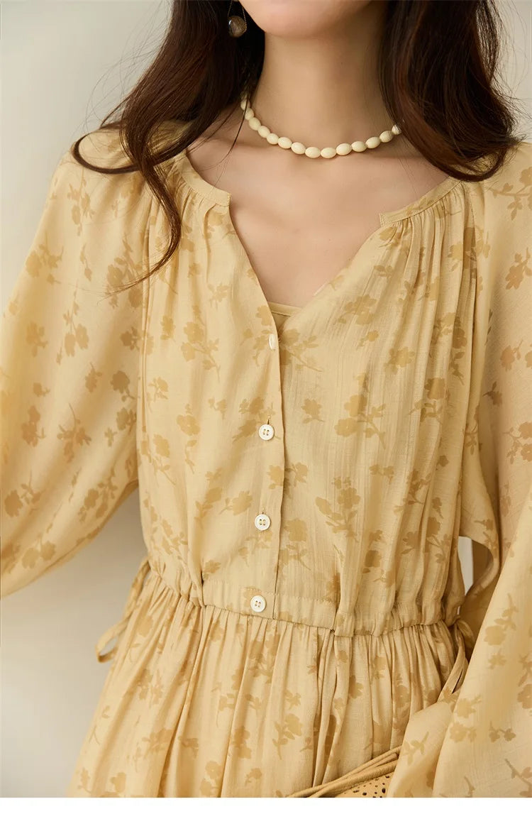 MISHOW Yellow Printing Dress for Woman 2025 Autumn Elegant Lace Lantern Sleeve Waist Slim Long Dress V-neck Dress MXE47L2527