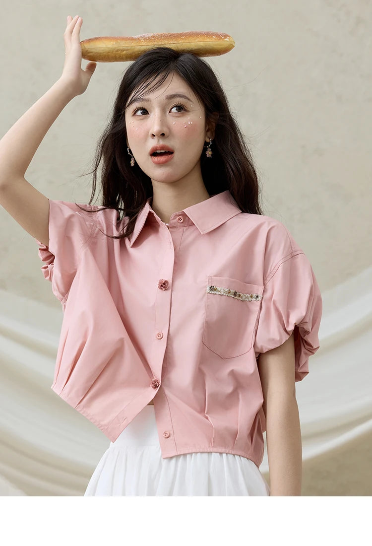 MISHOW Casual Summer Blouses Women 2025 New Short Puff Sleeve Turn Down Collar Shirt Female Fashion Shell Ribbon Tops MXE33C0773