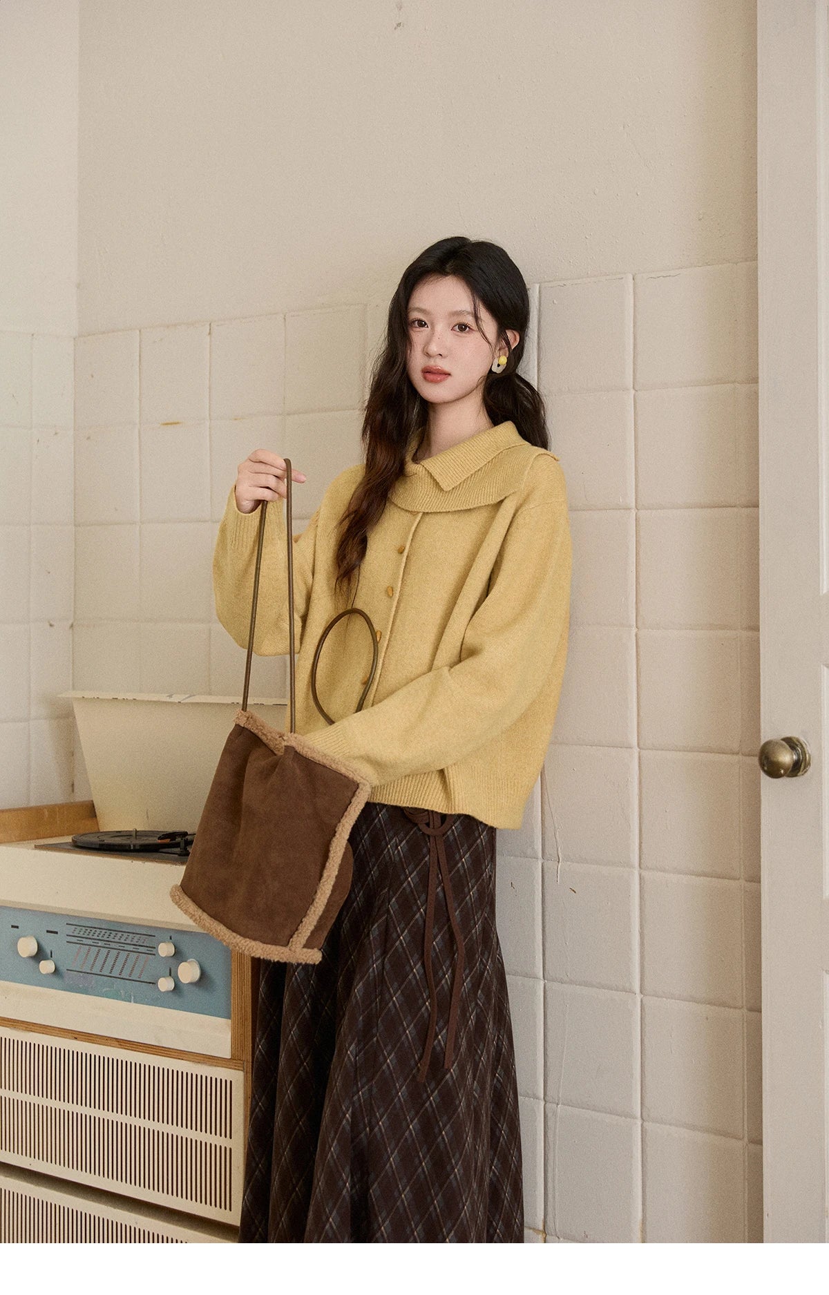 MISHOW Women's Mustard Yellow Knit Cardigan 2026 Spring Asymmetric Collar Dropped Sleeves Tops Casual Loose Sweater MXE93Z2936